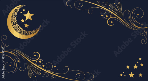 Golden crescent moon and stars on dark blue background with swirling patterns