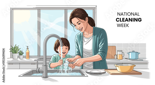 Illustration of a woman and child washing hands at a kitchen sink during National Cleaning Week with a cleanliness campaign theme.