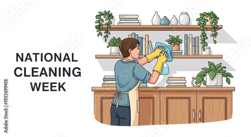 Illustration of a person cleaning a kitchen countertop with a cloth during National Cleaning Week, with a bookshelf in the background and a focus on hygiene and sanitation.