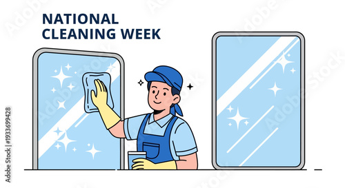 Illustration of a worker in uniform cleaning a window with a squeegee during National Cleaning Week against a white background with light blue windows and sparkles.
