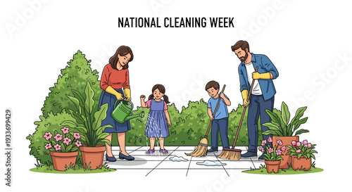 Illustration of a family participating in National Cleaning Week, cleaning and gardening together in a residential yard with plants and flowers.