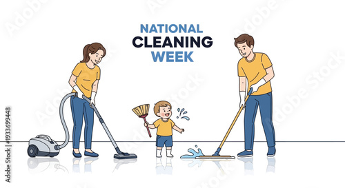 Illustration of a family cleaning together during National Cleaning Week with a broom, mop, and vacuum in a simple, colorful style.