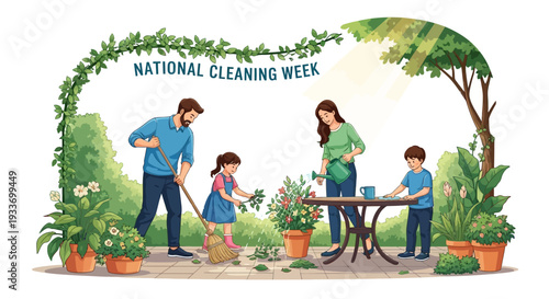 Illustration of a family participating in National Cleaning Week by cleaning and gardening together in a lush outdoor setting with potted plants.