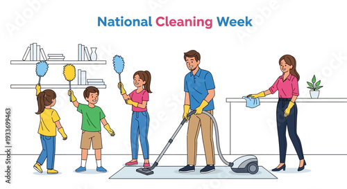 Illustration of a family participating in National Cleaning Week, engaging in various cleaning activities with cleaning supplies in a modern home interior with a clean and organized mood.