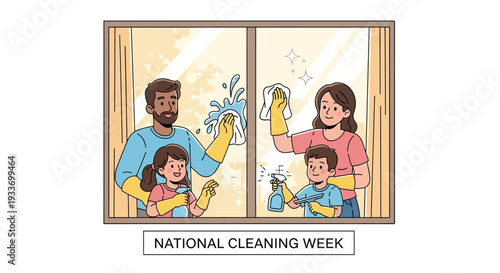 A family of four, including a man, woman, girl, and boy, are engaged in cleaning a window together during National Cleaning Week, with cleaning supplies and a sunny background.