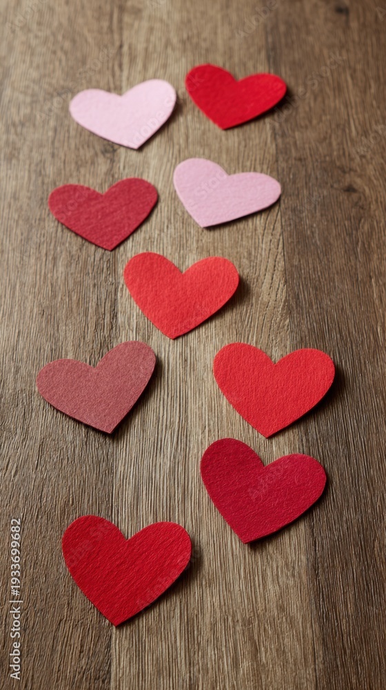 Obraz premium Red and purple wooden heart shapes arranged on rustic wooden background, symbol of love and Valentine theme.