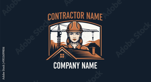 Construction Worker Woman Emblem with Hard Hat and Crane.