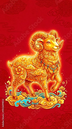 Golden ram on stylized blue and gold waves. Vertical illustration of Chinese zodiac year 2027 goat. Lunar new year luck and prosperity concept