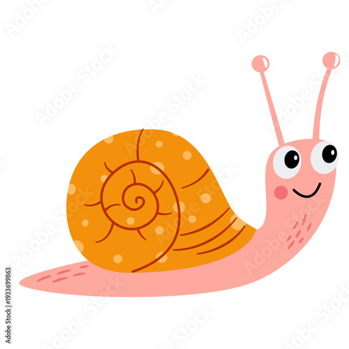 Cute bright snail, flat vector illustration in a simple children's style. Vector illustration