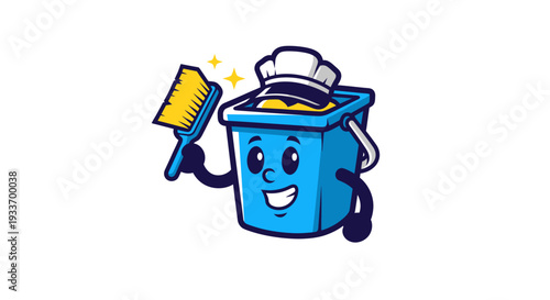 Cute Cartoon Cleaning Bucket Character Holding a Brush.