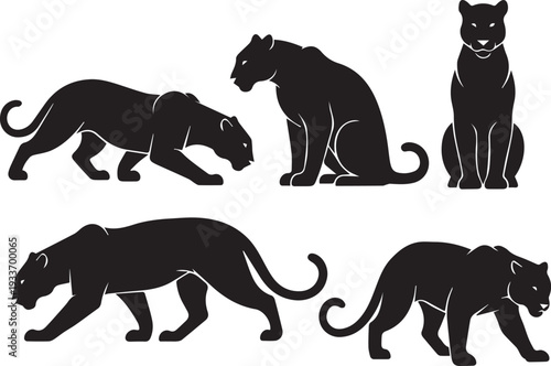 Collection of black panther silhouettes in various dynamic poses, showcasing their powerful and graceful movements in a minimalist graphic style