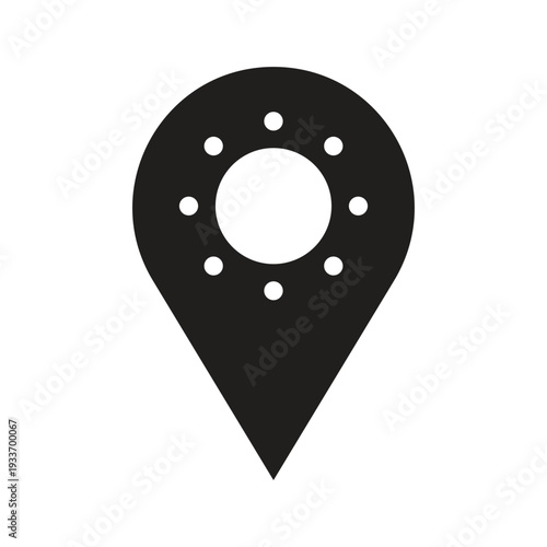 Black vector map pin icon featuring a sun or radar-like pattern in the center, symbolizing location, GPS, or a point of interest.
