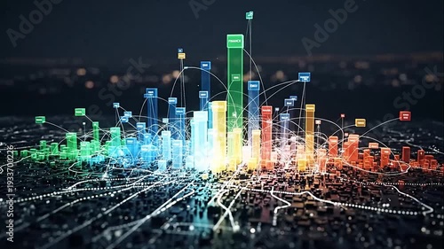Wallpaper Mural Colorful digital smart city skyline with network connections, showcasing futuristic urban landscape with glowing buildings at night. Torontodigital.ca