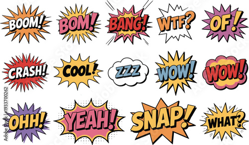 Colorful comic-style speech bubbles with words like boom, bang, wow, and snap