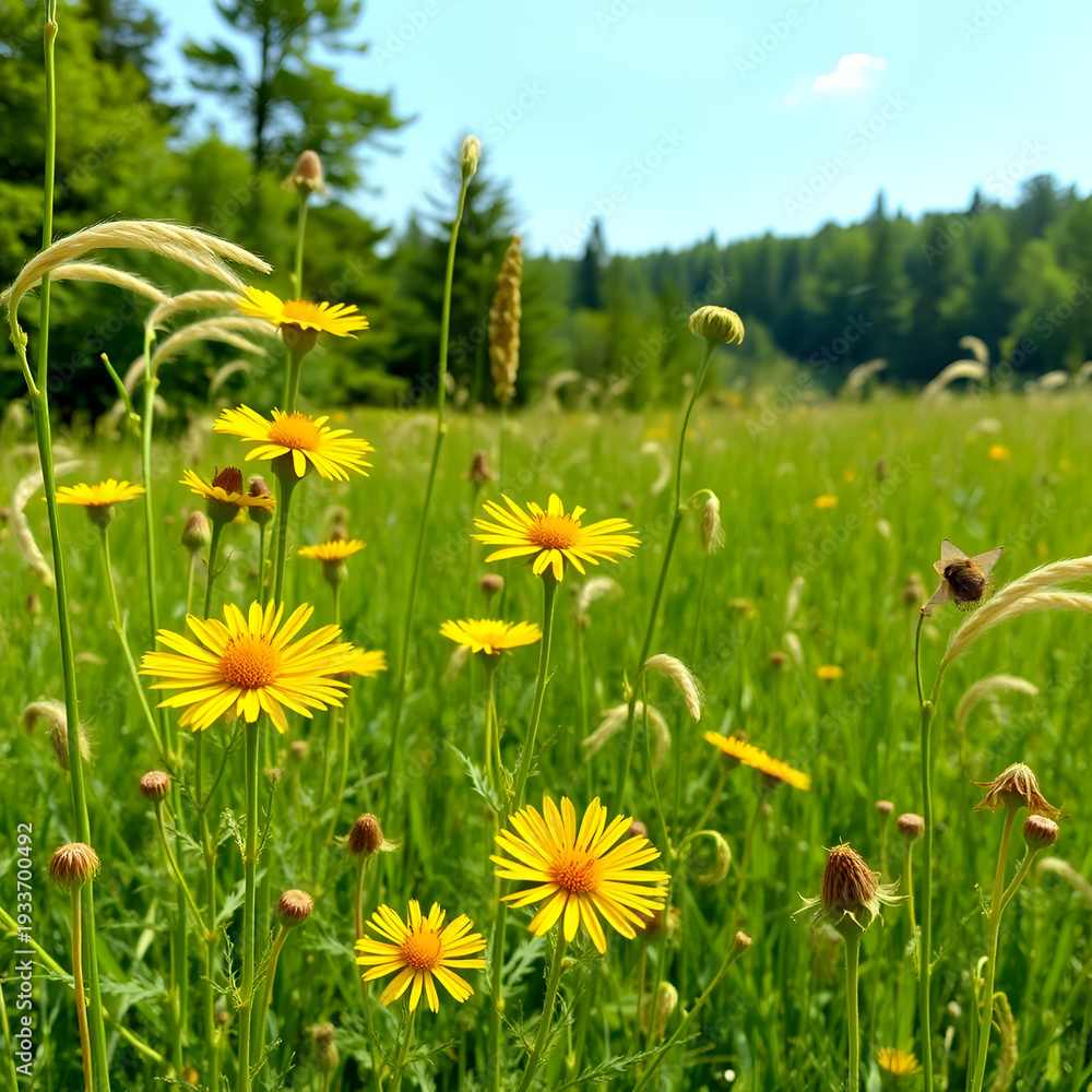 Fototapeta premium Yellow tansy flowers and field plants, timothy, urchin sway in the wind in sunny meadow near the forest. Allergenic and medicinal summer herbs. Pollination and flowering of summer plants.