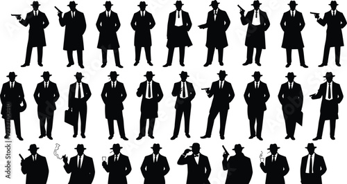 Collection of 24 black silhouettes of vintage gangsters in suits and fedora hats, smoking, holding guns, briefcases, cigars, drinks