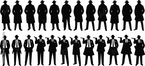Black silhouette illustration of trench coat men in fedora hats, vintage gangster style, retro mystery sequence with guns and suits