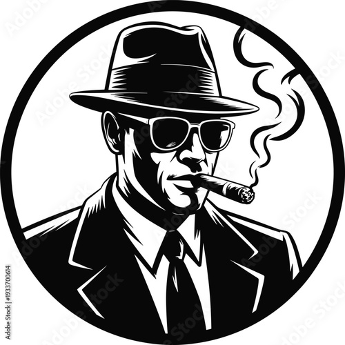 Stylized noir detective illustration, man in fedora hat with sunglasses smoking cigar, vintage gangster silhouette artwork, retro mystery concept