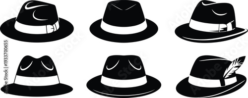 Stylized black and white fedora hat designs, fashion accessories illustration, vintage style variations, crown shapes, brims, decorative bands
