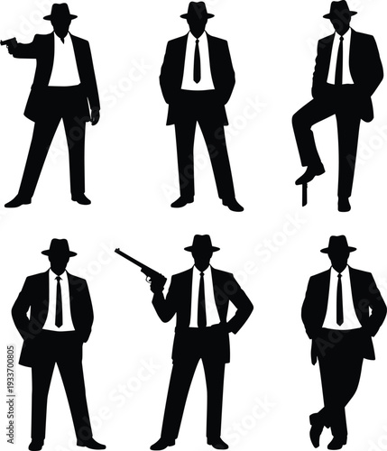 Stylized noir gangster silhouettes illustration, men in suits and fedoras, vintage crime concept, mystery, weapons, retro detective fashion art