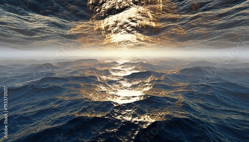 Dramatic high angle view of turbulent deep blue ocean waves under a brilliant golden sun reflection creating a dazzling path of light across the vast water surface toward the distant horizon under