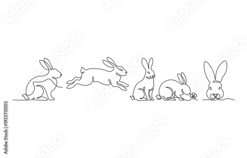 Four rabbits depicted in a continuous line drawing style showing varying poses