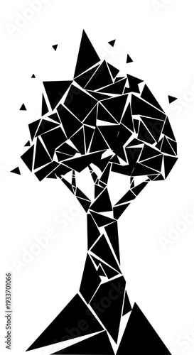 Geometric silhouette of a person with shattered fragments forming a fractured identity portrait