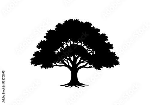 A majestic tree stands alone in a serene landscape viewed from a distance in illustration