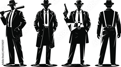 Vintage gangster silhouettes illustration, noir style men in trench coats and fedoras, crime concept, mystery, weapon, retro fashion art