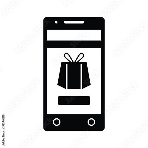Black silhouette icon of a smartphone displaying a gift box, symbolizing online shopping, mobile commerce, and digital gifting.