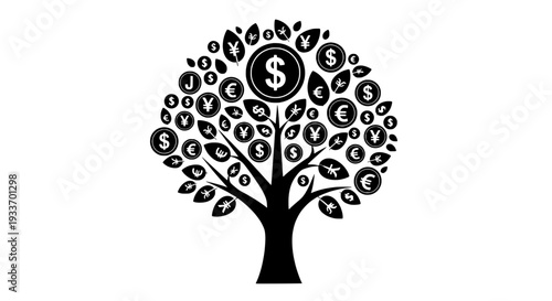 Tree with currency leaves and dollar signs growing in a financial landscape illustration concept