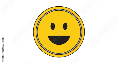 Yellow smiley face coin with happy expression.