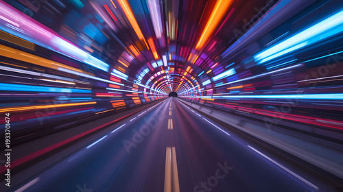 Vibrant Speed: Abstract Motion Blur of Colorful Lights in Dynamic Tunnel