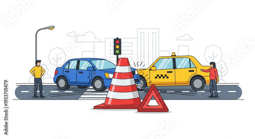 Traffic Accident with Cone and Triangle.