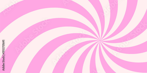 Retro candy cane spiral background with strawberry cream swirls. Pink whirlpool bg. Whimsical Y2K vortex pattern featuring pastel pink and white radial beams in psychedelic cartoon style.
