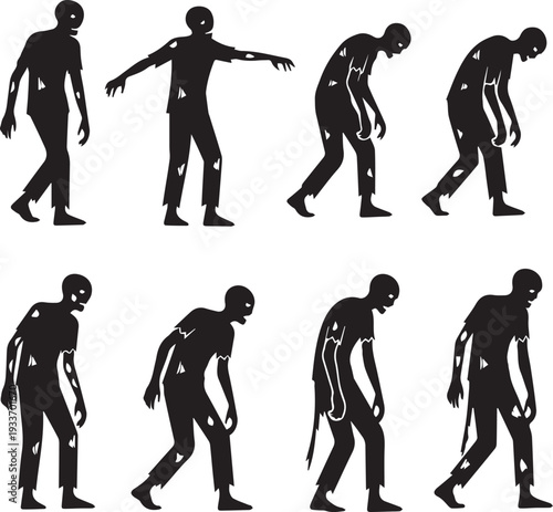 Silhouette figures of zombies in various poses conveying eerie movement and a sense of decay and dread, perfect for Halloween or horror themes