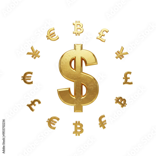 Golden dollar symbol surrounded by world currency icons