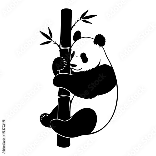 Black silhouette of a panda hugging bamboo tree trunk vector style isolated on white background, concept of nature conservation and wildlife protection  