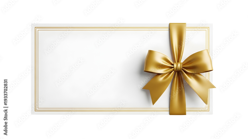 Fototapeta premium Blank White Gift Card with Golden Ribbon Bow and Frame, Generative Ai