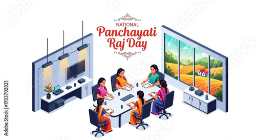 Illustration of people in a meeting for National Panchayati Raj Day, celebrating Local self-government in India with a design for grassroots democracy and rural governance.