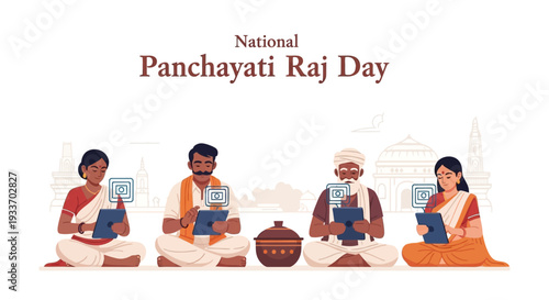 Illustration of people celebrating National Panchayati Raj Day with a traditional Indian setting and symbolic elements.