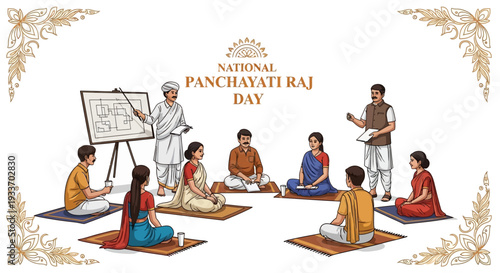 Illustration of people sitting on mats in a classroom setting celebrating National Panchayati Raj Day with a teacher writing on a board, surrounded by ornate gold designs on a white