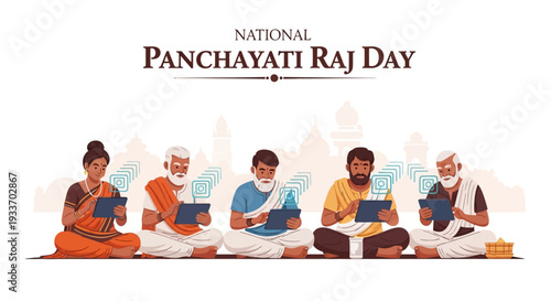 Illustration of diverse people sitting and reading on National Panchayati Raj Day, celebrating Local self-government in India with a vibrant and informative design.