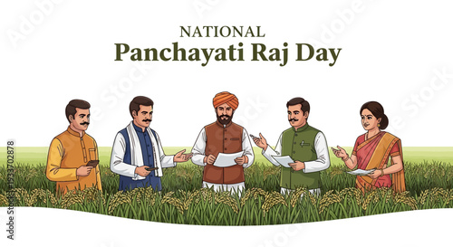 Illustration of people celebrating National Panchayati Raj Day in a grassy field with a rural backdrop, symbolizing grassroots democracy and local self-government in India.