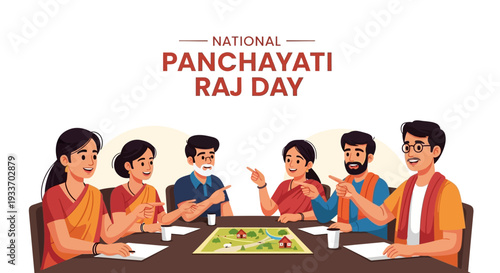 Illustration of people celebrating National Panchayati Raj Day with a meeting in a rural Indian setting with a flat design and vibrant colors.