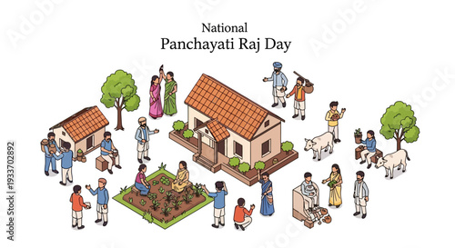 Illustration of people engaging in various activities around a village scene with houses and trees on National Panchayati Raj Day, celebrating local self-government in India with a colorful