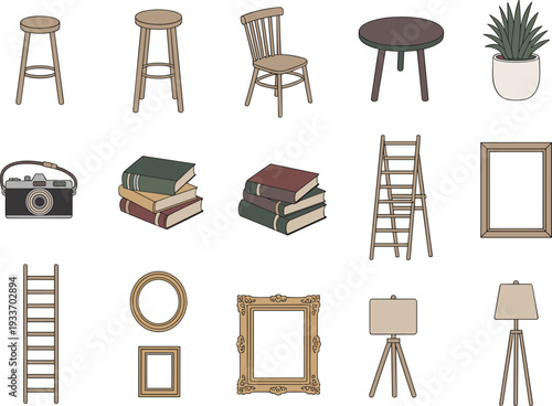 Minimal wooden furniture and decor elements including stools, ladder, frames, books and tripod lamp vector illustration set