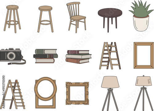 Minimal wooden furniture and home decor collection with stools, ladder, frames, books and lamp vector illustration set