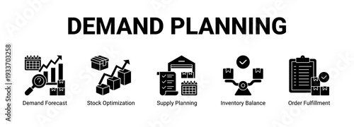 Demand Planning web banner icon concept, with Demand Forecast, Stock Optimization, Supply Planning, Inventory Balance.