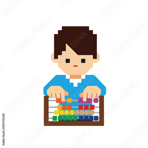 Pixel art boy using colorful abacus for calculation